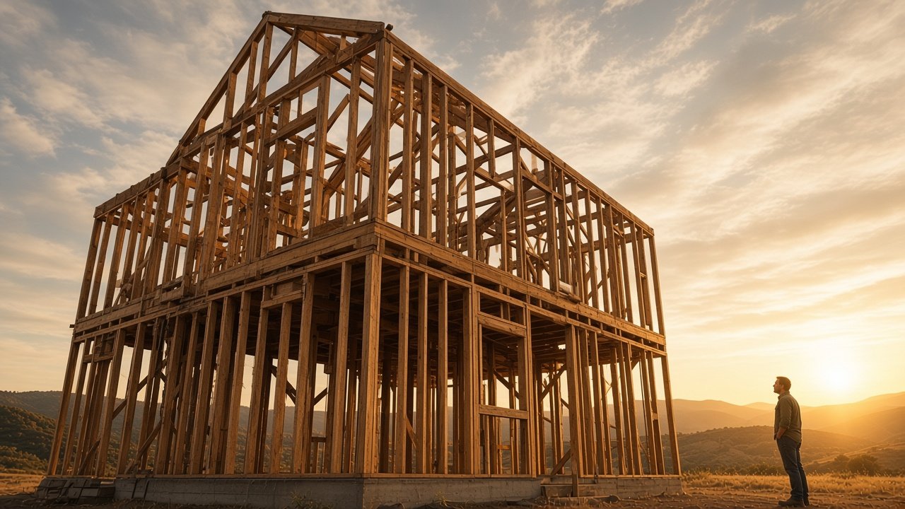 House framing under construction on open land at sunset